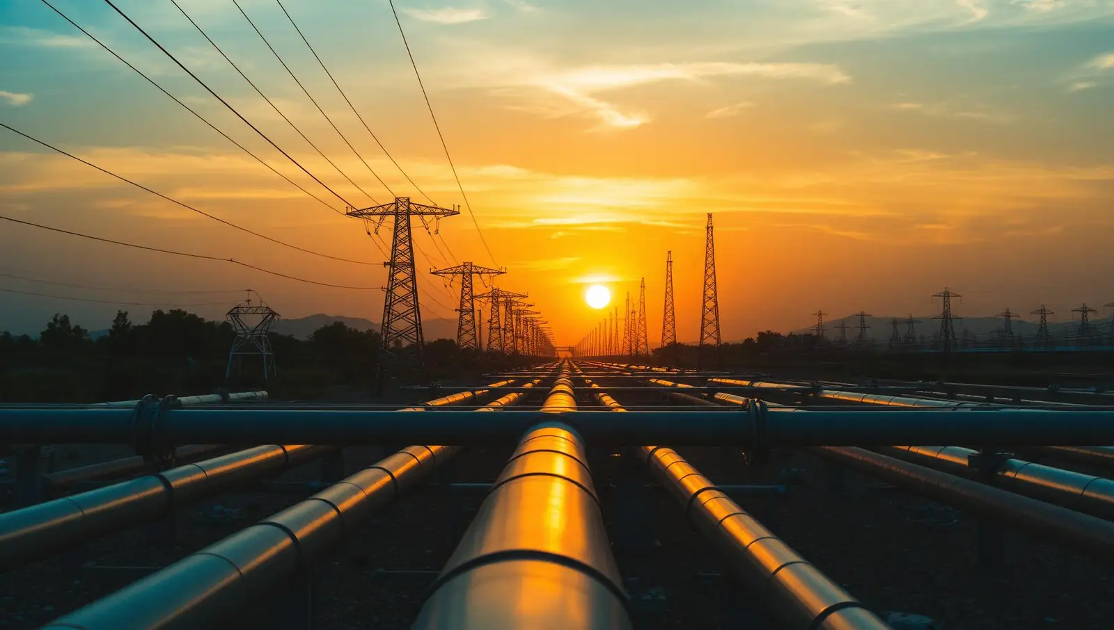 Strom- und Gasinfrastruktur bei Sonnenuntergang